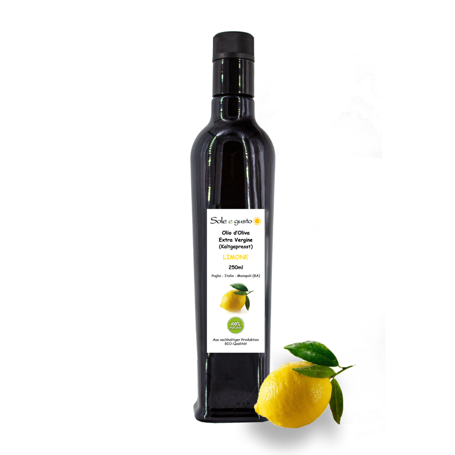 Soleegusto-250ml Olivenöl Extra Vergine mit Zitrone - kaltgepresst - in Glasflsche