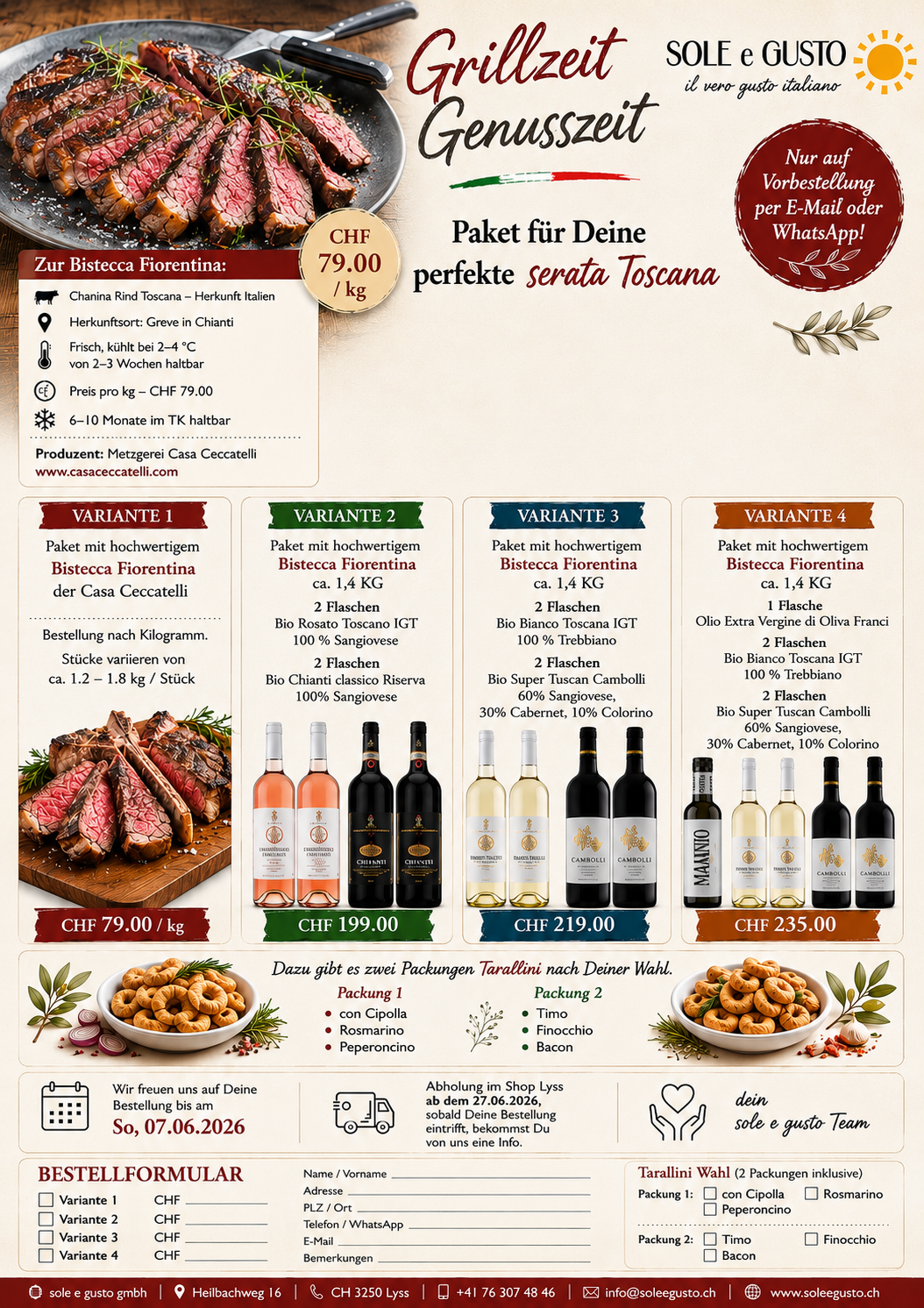 Bistecca Fiorentina (T-Bone-Steak) ca. 1.4kg inkl. 4 Flaschen Wein