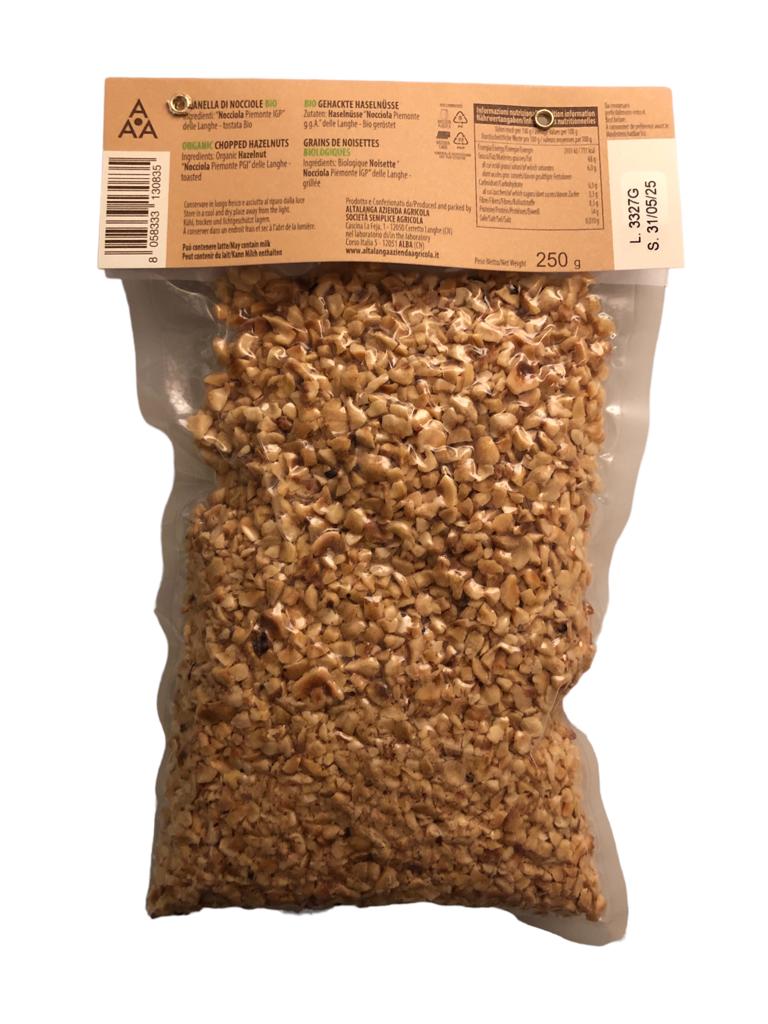 Soleegusto-Bio Haselnüsse del Piemonte tostate granella - grob gemahlen 8-10mm vakuumiert für Müesli 250g--haselnuesse gemahlen grob mm rueckseite