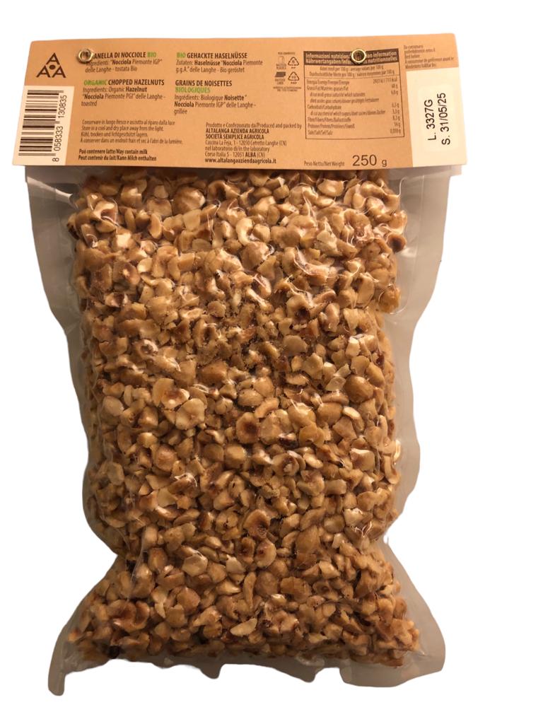 Soleegusto-Bio Haselnüsse del Piemonte tostate granella - grob gemahlen 8-10mm vakuumiert für Müesli 250g--haselnuesse gemahlen grob mm rueckseite