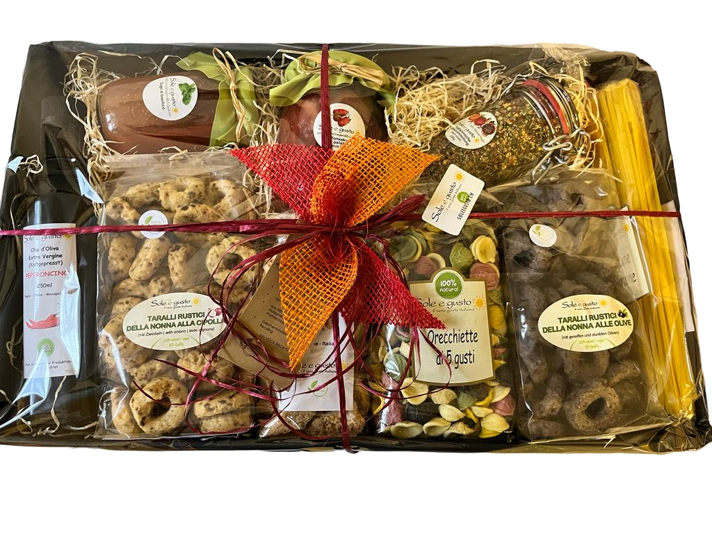 Soleegusto-Geschenk im Recyling Korb - special hot - alles scharfe Produkte--bild apero kochen geschenkset in recyclingbox