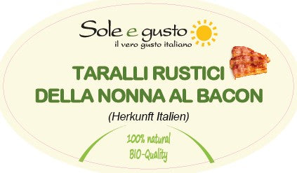 Soleegusto-Taralli Rustici della Nonna al bacon 350g, mit Urweizen, Madre lievito, ohne Hefe--bozza taralli rustici della nonna al bacon fronte